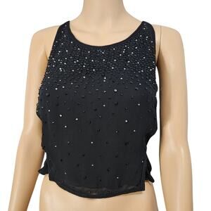 Black Sequin Crystal Beads Formal Halter Top Cropped 100% Silk Sleeveless SZ 10